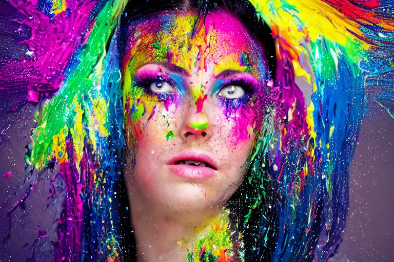 Image similar to a highly detailed cinematic headshot portrait photograph of a woman with a liquid paint headdress, with rainbow paint splash, melting smoothly into other faces, liquid, ultra realistic, beautiful rim lighting, by richard avedon and annie leibovitz and arnold newman, photorealistic, hyperrealistic, octane, high speed camera, zeiss lens, sharp focus, paint splash