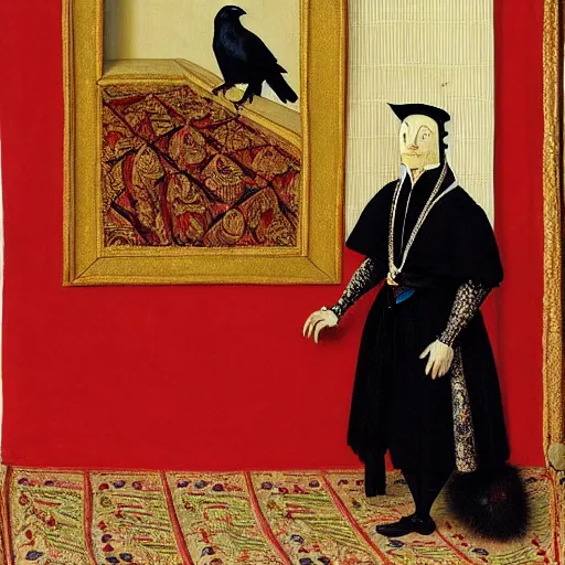 Prompt: a highly detailed painting of a raven dressed as an elegant tudor gentleman, in a room with thick red tapestries, by hans holbein