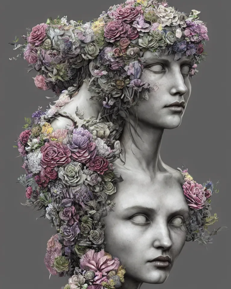 Image similar to a marble statue made of flowers made of mist, Andrew Ferez, Charlie Bowater, Marco Mazzoni, Seb McKinnon, Ryohei Hase, trending on cgsociety, featured on zbrush central, new sculpture, mystical