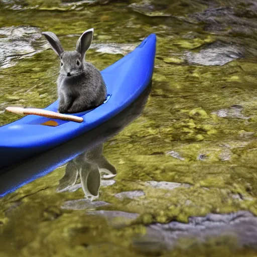 Prompt: a grey rabbit paddling a blue kayak on a small calm stream, 4k photorealistic