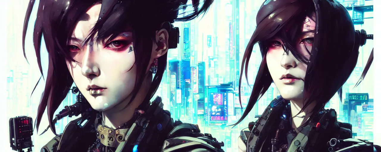 Image similar to hyper - realistic cyberpunk portrait of beautiful! anime woman standing on tokyo street, extreme detail, alluring, in style of yoji shinkawa, pan ren wei, col price, atey ghailan, by greg rutkowski, by greg tocchini, by james gilleard, by joe fenton, by kaethe butcher, grunge aesthetic