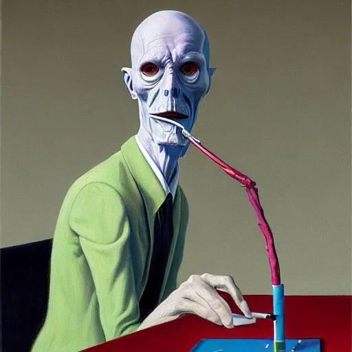 Prompt: Portrait of Dr. Nobody wearing a business suit smoking cigarette , very coherent, painted by Edward Hopper, Wayne Barlowe, painted by James Gilleard, airbrush, art by JamesJean