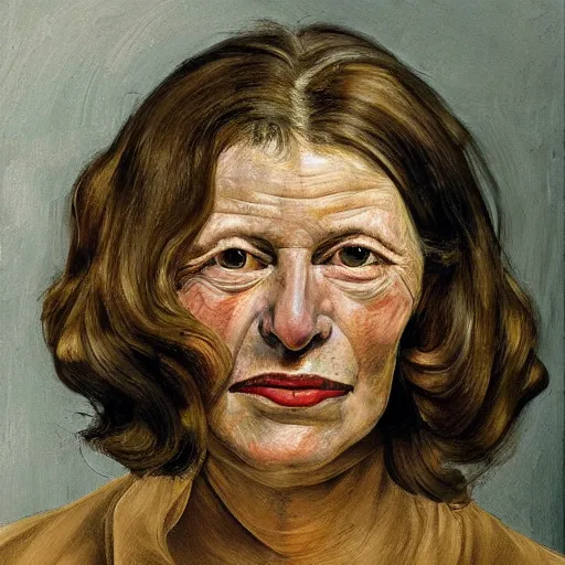 Image similar to high quality high detail painting by lucian freud, hd, portrait of smiling sad woman, photorealistic lighting