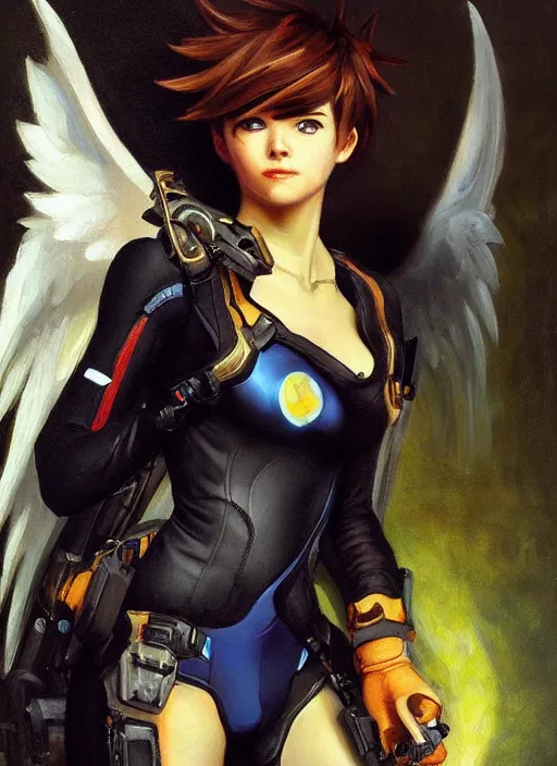 Image similar to oil painting of tracer overwatch in the style of sophie anderson, on knees, angel wings, black outfit, dramatic painting, wearing black choker,