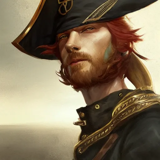 Image similar to handsome charming ginger rogue with long slender pointed ears, wearing a tricorne pirate captain hat, naval background, full body portrait, stunning award-winning art by Greg Rutkowski