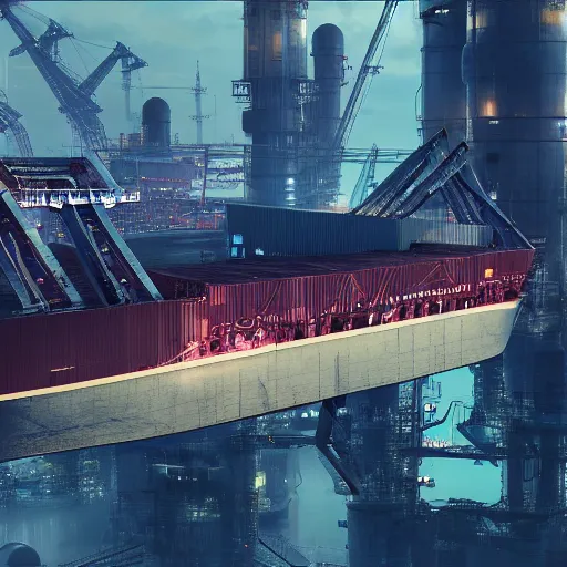 Image similar to photo of Immense industrial futuristic cargo ship arrives at cyber punk city sea port, cinematic lighting, photo