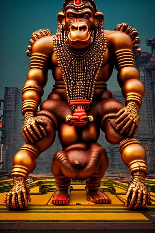 Image similar to high quality 3 d render post - rococo cyberpunk hanuman! head building, neon madhubani, open mouth, highly detailed, in sci - fi new delhi, cinematic smooth unreal engine, lee madgwick & liam wong, dramatic light, low angle, uhd 8 k, sharp focus