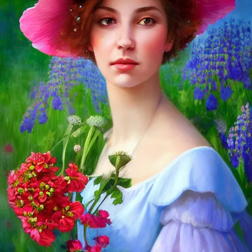 Image similar to a portrait of a romantic woman with flowers grow out of hair, roses peonies forget-me-nots dahlias lupins gladioli, sky theme in background, by Alexandr Averin, Digital Art, Trending on artstation