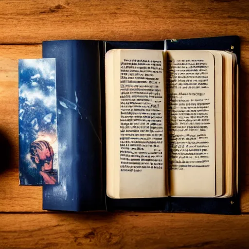 Prompt: a medium shot of a closed hard cover book sitting on a crowed desk, the book is closed, its cover illustrated with a picture of icarus, beside the book is an ancient scroll, dark, single light, vignette, magic, fantasy, 4 k