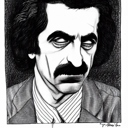 Prompt: black and white ink drawing of frank zappa in the style of r. crumb