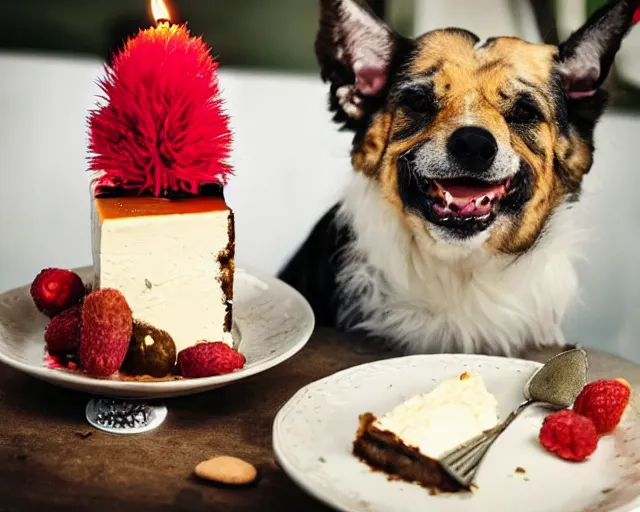 Image similar to 30-year-old dog eating cheesecake for his birthday, old, wrinkly, happy, festive, wholesome