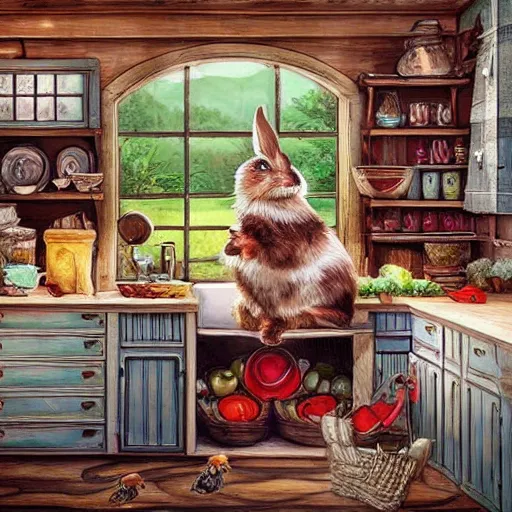 Prompt: a cute country bunny's cottagecore style kitchen, fantasy illustration, detailed painting, and deep color, professional matte painting