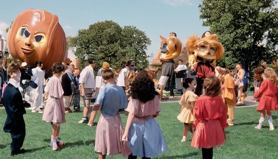 Image similar to 1990s candid photo of a beautiful day at the park, cinematic lighting, cinematic look, golden hour, costumed corporate mascot people giving presentations to families, Enormous personified corporate people with outstandingly happy faces coming out of a portal and talking to families, UHD