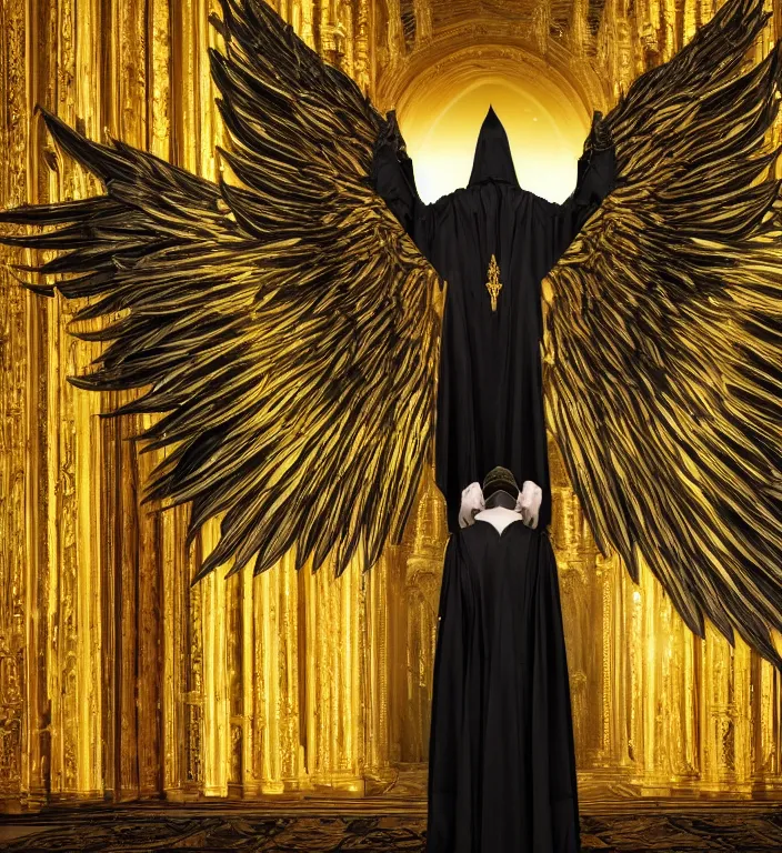 Prompt: full length picture of the angel of death wearing black robes with gold wings in an elaborate cathedral, high octane, 8k, ultra detailed, photorealistic