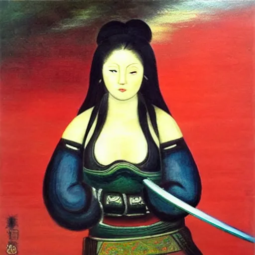 Prompt: “ she warrior with brunette long hair with a katana sword wearing red long boots painting with the style of botero ”