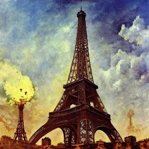 Prompt: eiffel tower in post apocalyptic paris , painting by frazetta, low angle,wide angle, panorama