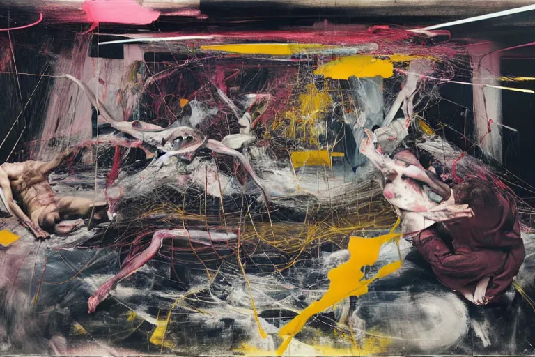 Prompt: bodies entwined in a fight with the physical impossibility of death, inside a brutalist space ship, extremely intricate and detailed, by painted by!!! francis bacon!!!, adrian ghenie, james jean, part by ( ( ( gerhard richter ) ) ), part by ( ( ( petra cortright ) ) ). 8 k masterpiece