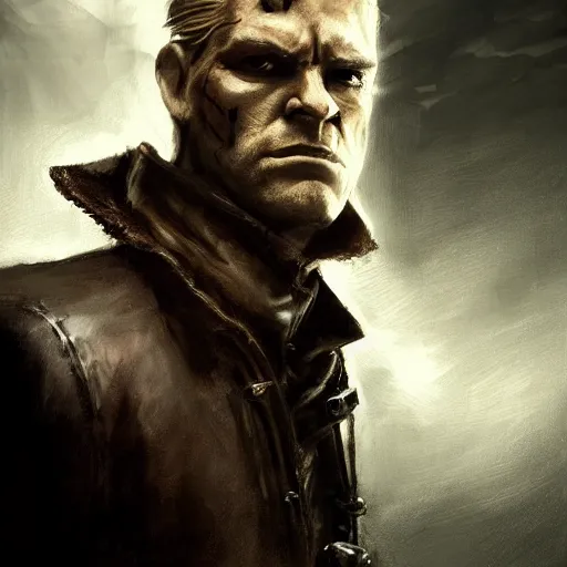 Prompt: portrait of a muscular, grim, ponytail haired blonde man in his late 30's, wearing a thick brown leather coat, looking to his side, scarred face, hunter, DnD character, fantasy character, dramatic lighting, high detail, graphite black and white by Ruan Jia, Krenz Cushart, Rossdraws and Boris Vallejo