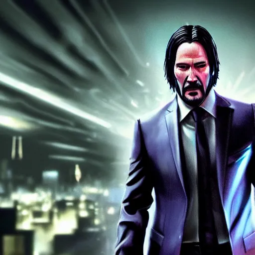 Image similar to john wick in saints row, artstation hall of fame gallery, editors choice, #1 digital painting of all time, most beautiful image ever created, emotionally evocative, greatest art ever made, lifetime achievement magnum opus masterpiece, the most amazing breathtaking image with the deepest message ever painted, a thing of beauty beyond imagination or words, 4k, highly detailed, cinematic lighting