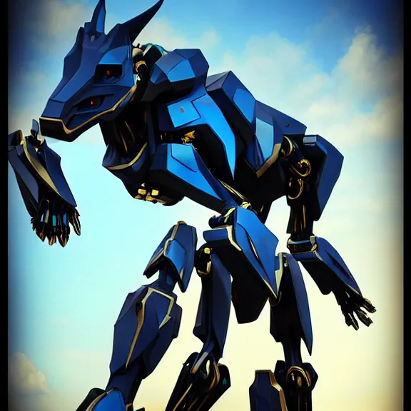 Prompt: cinematic shot, detailed handsome quadrupedal robot mecha dragon, sharp edged black armor, gold accents, sleek blue visor for eyes, two arms, two legs, two massive black wings on his back, walking on all fours in busy city streets, epic shot, highly detailed art, 3D realistic, furry art, dragon art, feral art, macro art, furaffinity, DeviantArt, sofurry