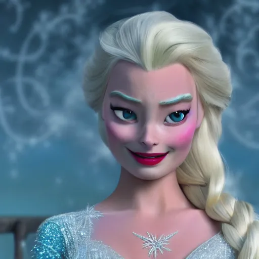 Image similar to Margot Robbie as Elsa in disney frozen live action, 8k full HD photo, cinematic lighting, anatomically correct, oscar award winning, action filled, correct eye placement,