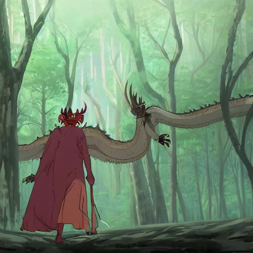 Prompt: concept art painting of an anthropomorphic dragon king with robes, a long neck, and horned skull mask, in a deep forest, cel shaded, in the style of makoto shinkai and james gurney and studio ghibli and moebius