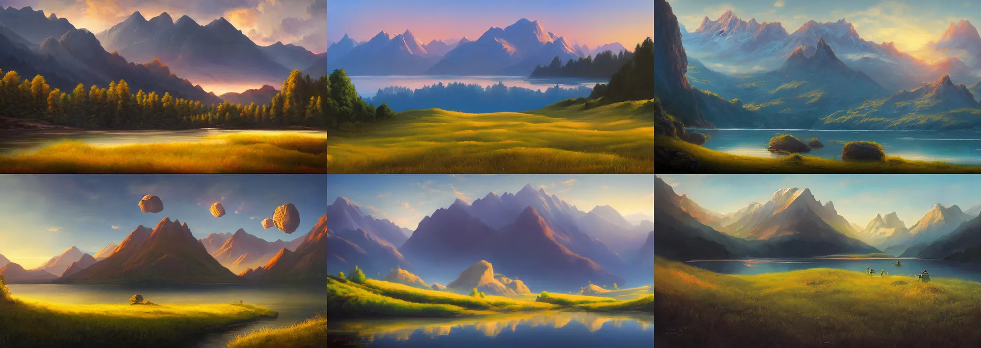 Prompt: painting of a beautiful landscape, first light, mountains, lake, lush grass, ufos, by noah bradley
