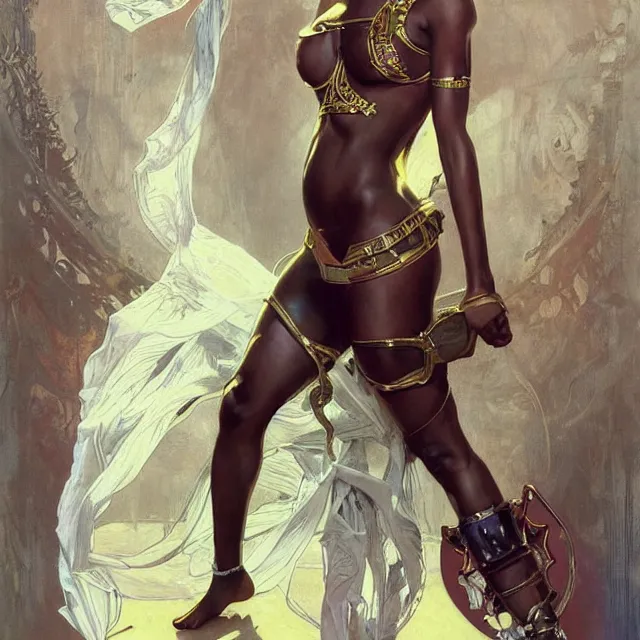 Prompt: african domme mistress, dominatrix full body, dominatrix, tribal, smooth white tight clothes suit, ornate, very beautiful, concept art, realistic painting, androgynous, afrofuturism, cgsociety, digital art by greg rutkowski, by alphonse mucha