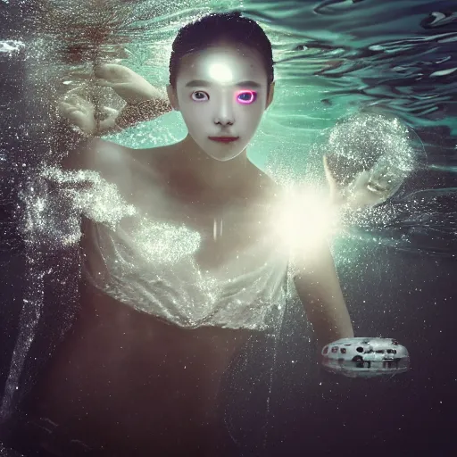 Image similar to beautiful centered fine art photo portrait of hoyeon jung as a solarpunk robotic humanoid treading above water, white mechanical parts with led lights, ultra - detailed and intricate, white background, sun lighting, soft focus, slow exposure hdr 8 k