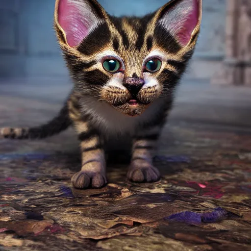 Image similar to full body pose, hyperrealistic photograph of a grotesque kitten, dim volumetric lighting, 8 k, octane beautifully detailed render, extremely hyper detailed, intricate, epic composition, cinematic lighting, masterpiece, trending on artstation, very very detailed, stunning, hdr, smooth, sharp focus, high resolution, award, winning photo, dslr, 5 0 mm