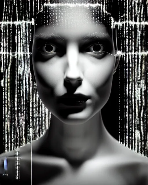 Image similar to black and white cyborg-plant goddess high quality photo, microchip, artificial intelligence, bio-mechanical bio-luminescence, black wired cables, neurons, nerve cells, octane render, cinematic, rim light, hyper realism, photo-realistic, high detail, 8k, masterpiece, high fashion, in the style of Steven Meisel and Dora Maar and H.G. Giger