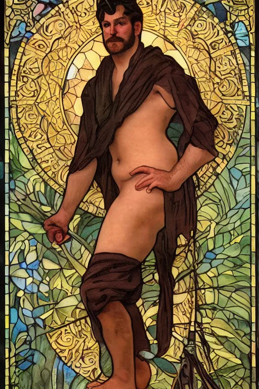 Prompt: tarot card of a handsome shirtless cowboy | dad bod, homoerotic, art deco, art nouveau | by louis comfort tiffany ( ( ( and alphonse mucha ) ) ) | trending on artstation