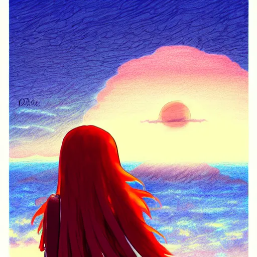 Prompt: a red haired girl watching sunrise, anime, studio ghibli style, hand drawn, scribble art, behance, 8k