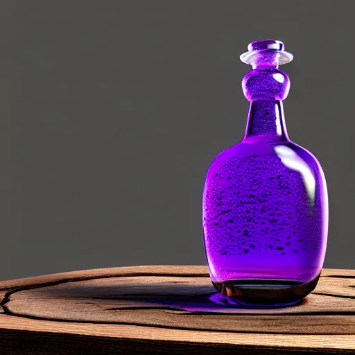 Image similar to hyper realistic deadly poison bottle, purple liquid inside on a wood table. the bottle is design like a trendy perfume bottle. background is a dark ancient laboratory complex architecture mossy stone pilars. professional digital art, dnd style, ultra detailed, trending on artstation, concept art, octane render, unreal engine 5, 8 k rendering.