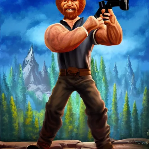 Image similar to bob ross in the style of duke nukem, full body, holding machine guns in both hands, fighting monsters