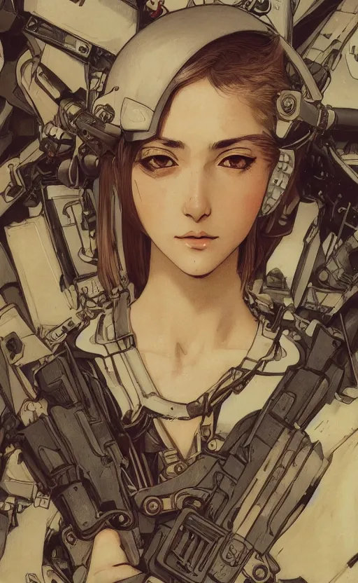 Image similar to portrait of mechanized valkyrie, anime style, world war 2, vintage clothing, spread wings, short hair, hair down, symmetrical facial features, from arknights, hyper realistic, 4 k, rule of thirds, extreme detail, detailed drawing, safebooru, hd, d & d, realistic lighting, by alphonse mucha, greg rutkowski, backlit