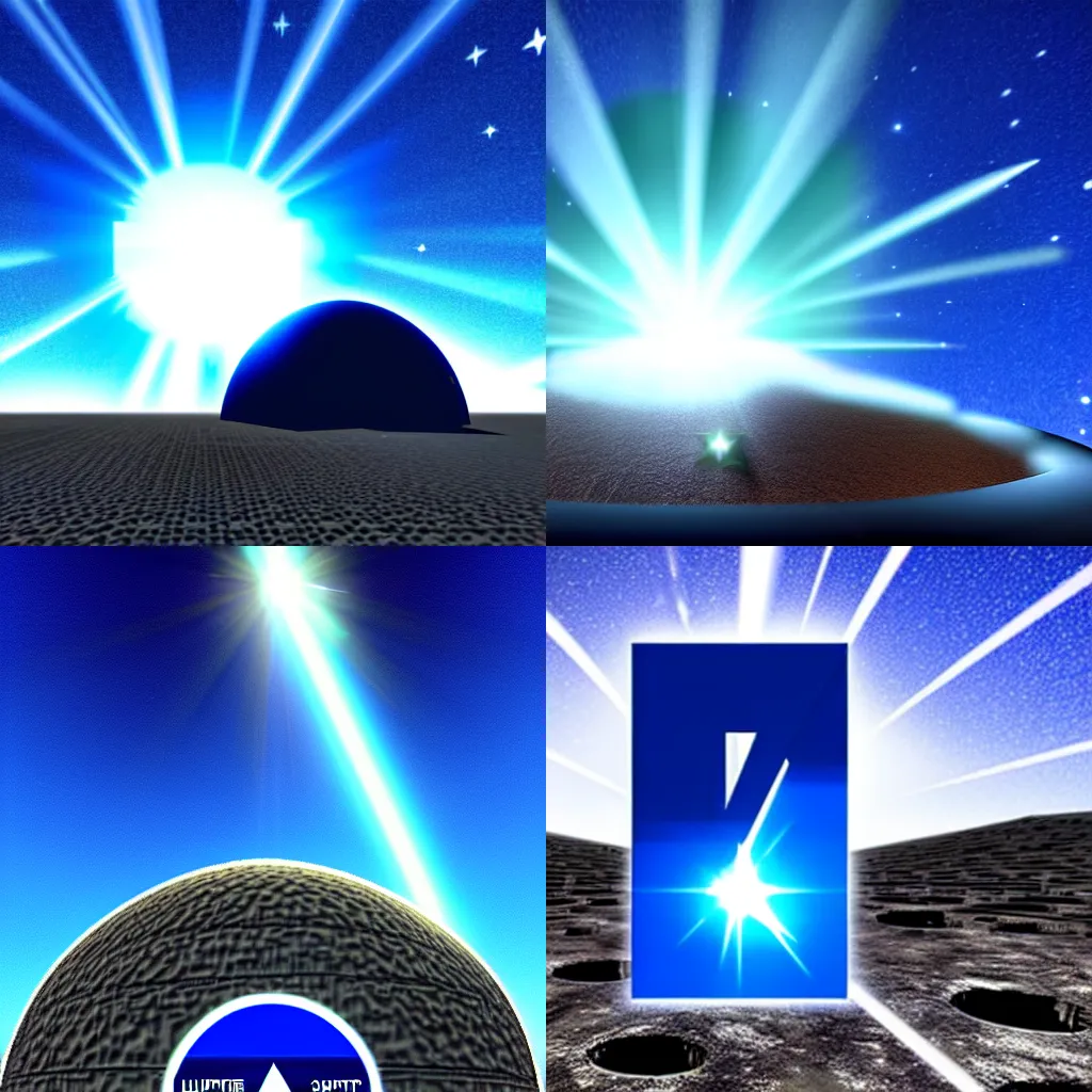 Image similar to Blue Text that says 3kliksphilp, with a picture of a concrete building in a martin crater, with a star in the sky with creating lens flare, CGI