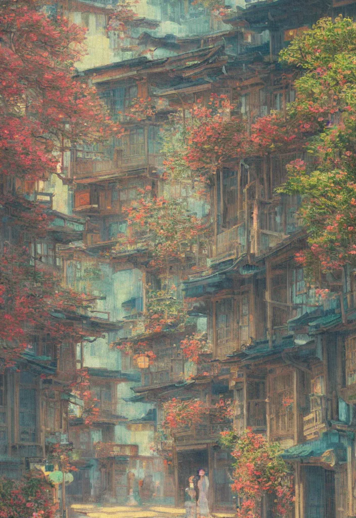 Image similar to a beautiful japanese city near the sea, amazing ryokans and gorgeous edo era houses, epic cyberpunk, lofi vibe, colorful, vivide colors, oil painting in impressionist style, by jeremy lipkin, by claude monet, by makoto shinkai, multiple brush strokes, inspired by ghibli, masterpiece, beautiful