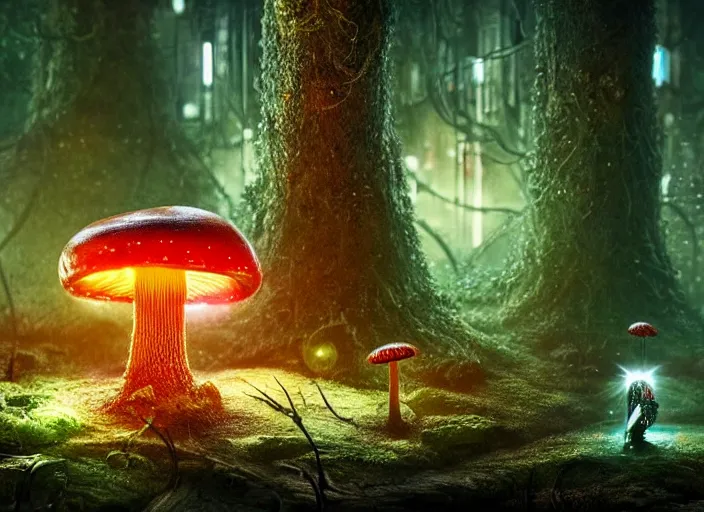 Image similar to 12mm intricate mechanical caterpillar with visible gears and electronics and optic Fibres sitting on top of a mushroom in a magical forest. Very detailed 8k. Fantasy cyberpunk horror. Sharp. Cinematic post-processing