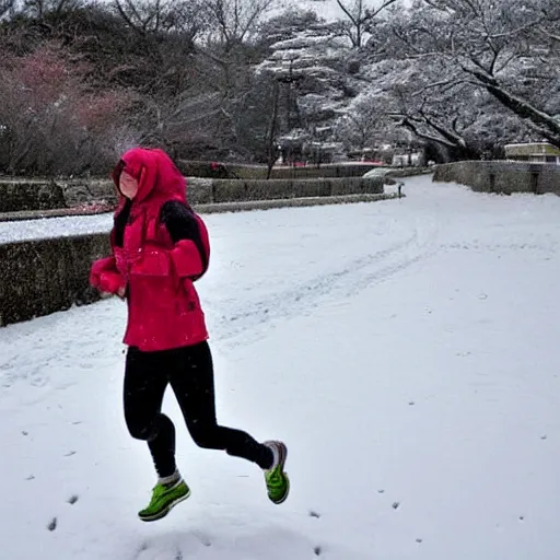 Prompt: enoden running in the snow near shonan kaigan koen station, throwback,