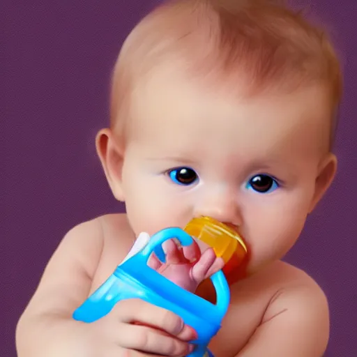 Image similar to digital art of a baby drinking milk from a baby bottle with great contentment.