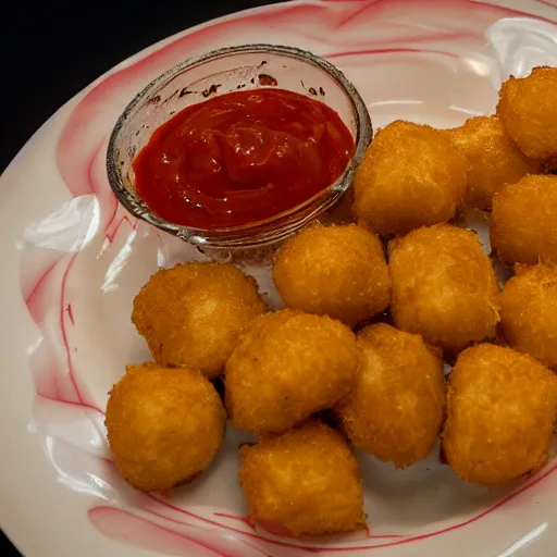 Image similar to food photo of channing tatum's face as tater tot on a plate with ketchup