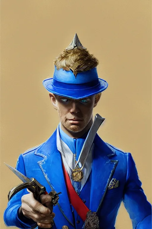 Image similar to side profile of a blonde man in a blue suit with medals on it dual wielding a sword and a pistol, highly detailed, d & d, fantasy digital painting, trending on artstation, concept art, sharp focus, illustration, volumetric light, intricate, art by artgerm and greg rutkowski
