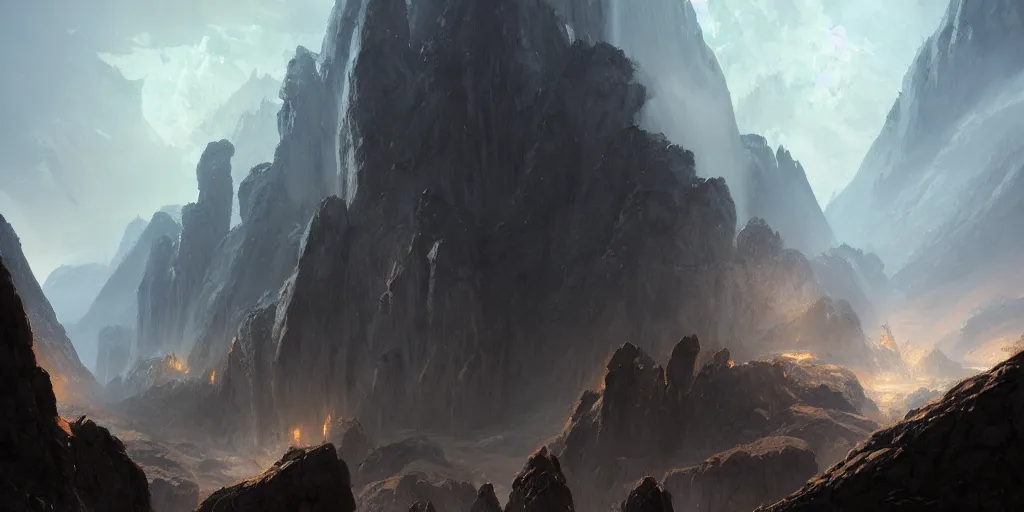 Image similar to Giant dwarven gates in the mountain opening to a gulf, dwarven architecture, mines shining in the mountain range. In style of Hyung-tae Kim, Greg Rutkowski and Larry Elmore, concept art, trending on ArtStation, Korean MMORPG, over-detailed art, 8K, epic, dynamic lightning, scenery.