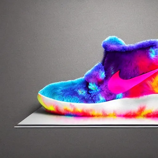 Image similar to poster nike shoe made of very fluffy colorful faux fur placed on reflective surface, professional advertising, overhead lighting, heavy detail, realistic by nate vanhook, mark miner