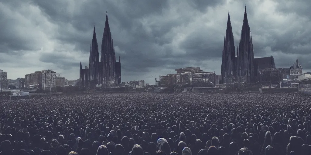 Prompt: crowd of people in dark blue robes, digital cathedral in the distance, ominous clouds, 3 5 mm lens, cinematic, atmospheric, trending on artstation