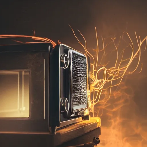 Image similar to toaster oven hanging by metallic cables, symmetry, dark messy smoke - filled cluttered workshop, dark, dramatic lighting, orange tint, sparks, cinematic, highly detailed, sci - fi, futuristic, movie still