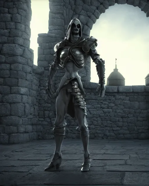 Image similar to closeup skeletor standing in a castle, rim lighting, octane, dark souls, craig mulins, octane, 8k