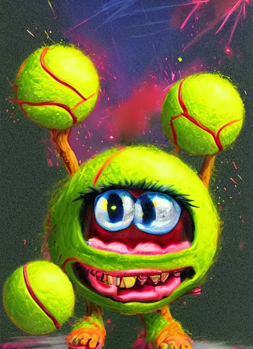 Image similar to tennis ball monsters playing tennis, a tennis ball monster ,tennis ball,amazing, lasers, explosions, fire, digital art, fantasy, magic, trending on artstation, ultra detailed, professional illustration,chalk, poster artwork by Basil Gogos , clean