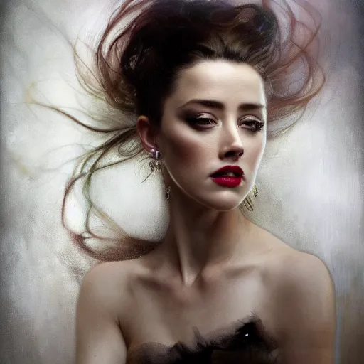 Image similar to hyperrealistic portrait of a woman as amber heard as a vampire witch tears makeup dramatic in a black flower coat reflection in a stone mirror greasy canvas. by jeremy mann and alphonse mucha, fantasy art, photo realistic, dynamic lighting, artstation, poster, volumetric lighting, very detailed faces, 4 k, award winning
